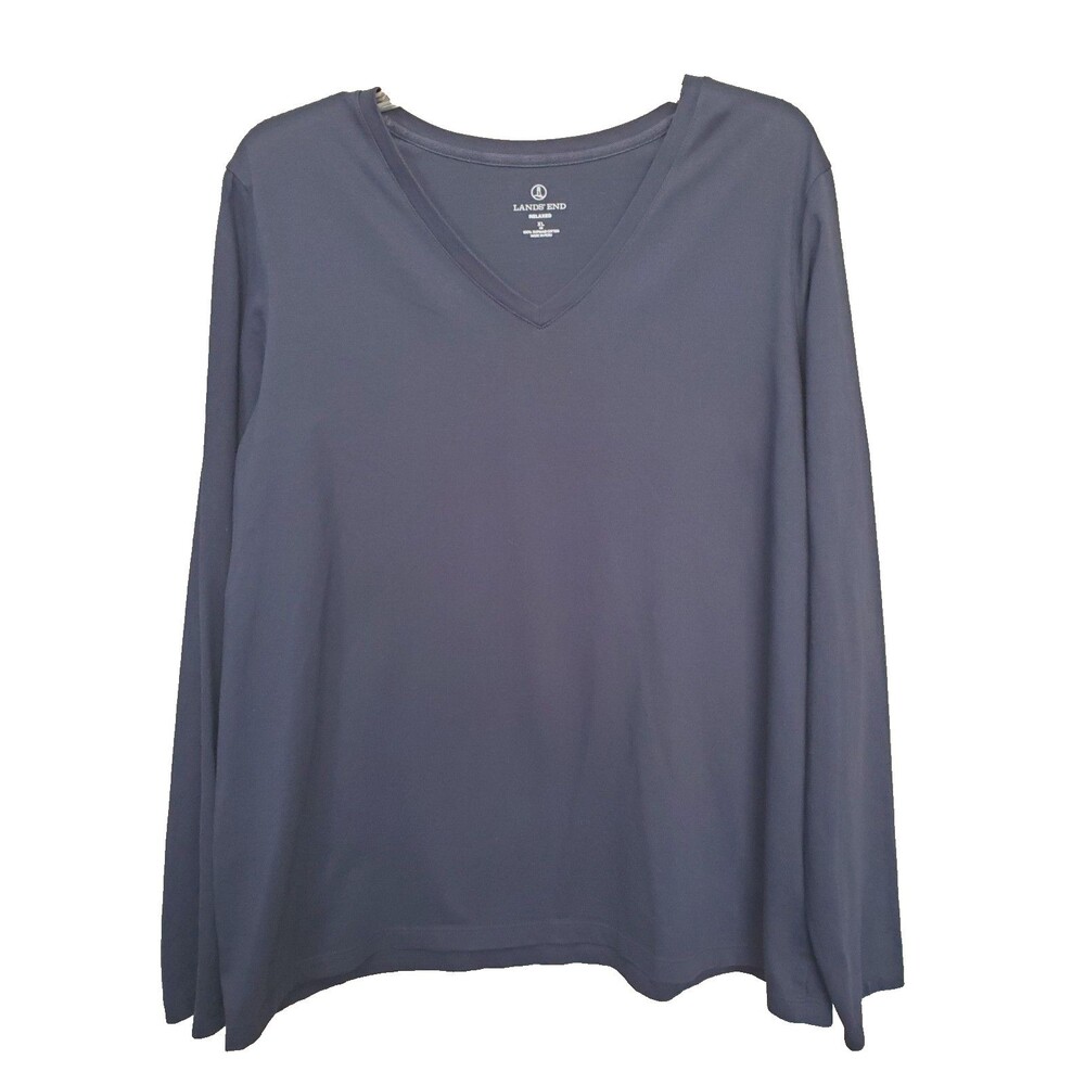 Lands' End Cotton Blue Women's Relaxed V-Neck Long Sleeve T-Shirt Size XL